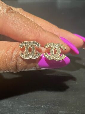 Gold Crystal CC Logo Stud Earrings